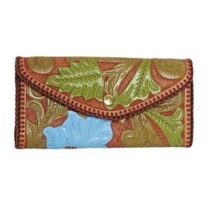 Vtg Hand Tooled Painted Leather Clutch Tri-Fold Wallet Floral Western Boho